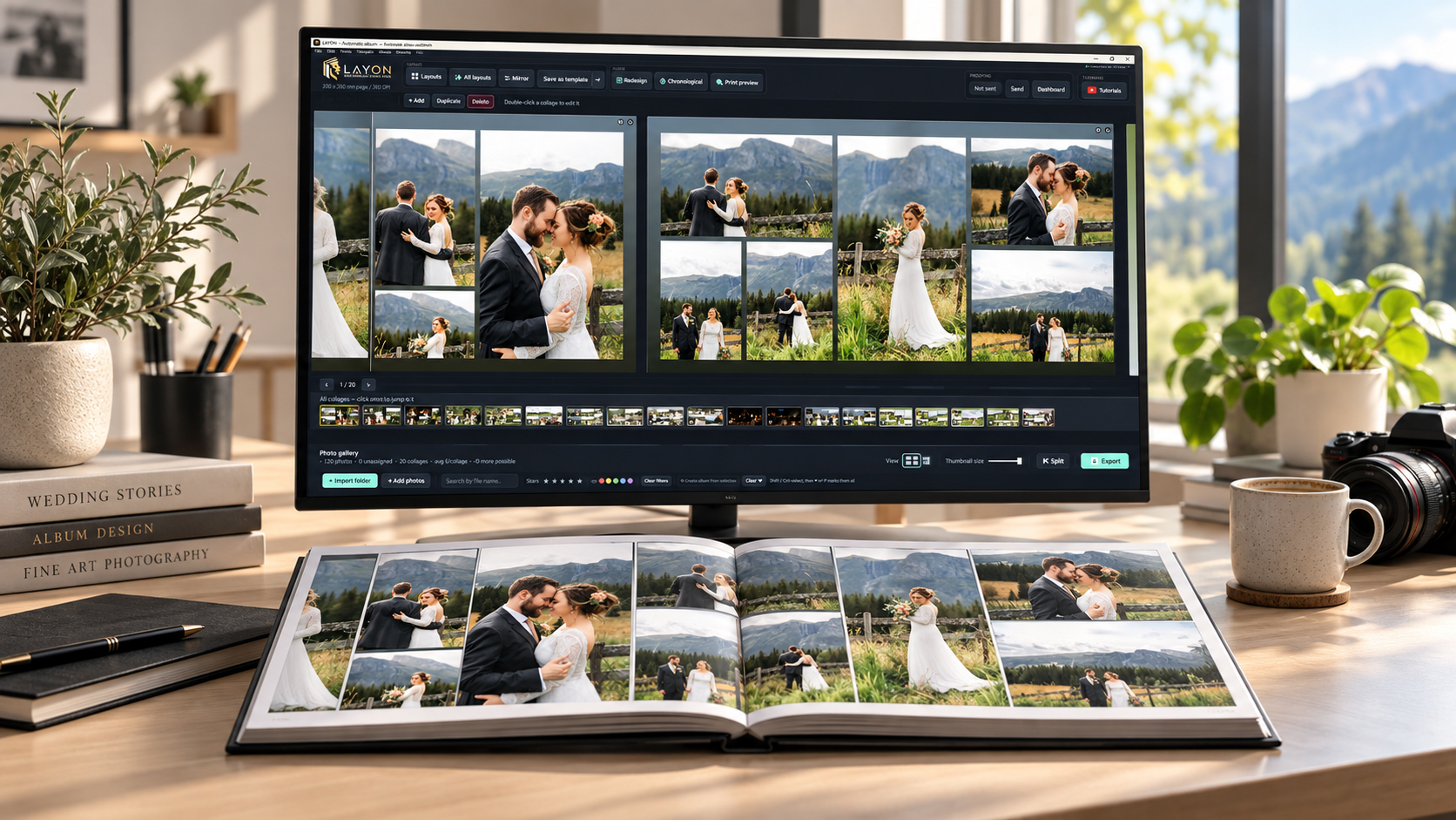 LAYON on a monitor next to a printed wedding album